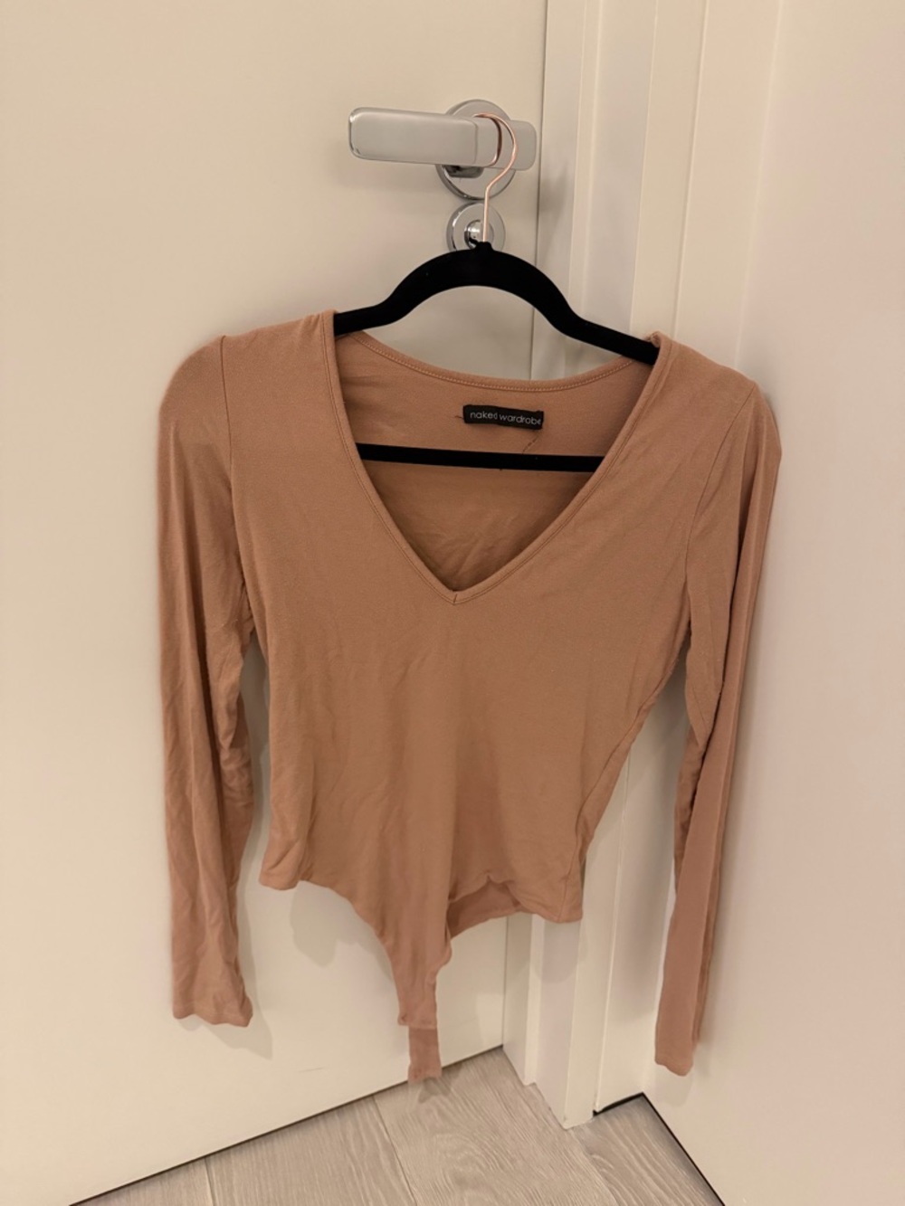 Naked wardrobe Women's Long Sleeve V-Neck Bodysuit in tan